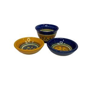 Small Signed Art Pottery MCF Yellow Blue Set of 3 Bowls